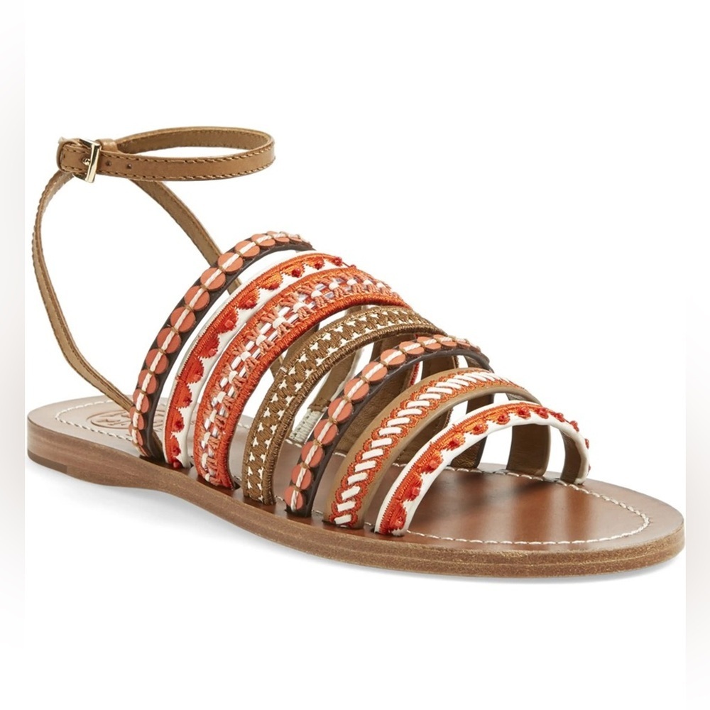 tory burch red poppy embroidered boho leather ankle wrap sandals